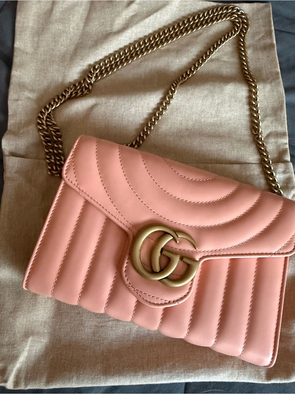 Gucci Peach Quilted GG Marmont Chain Crossbody Bag